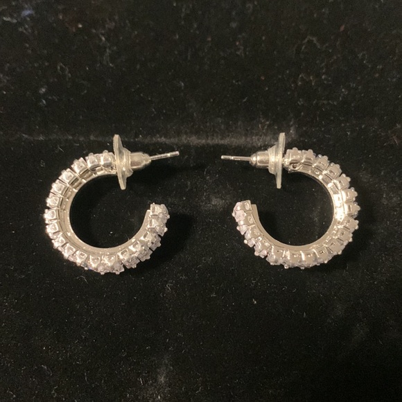 Silver Hoop Earrings with Sparkly Zircon Stones, NEW - Picture 5 of 7